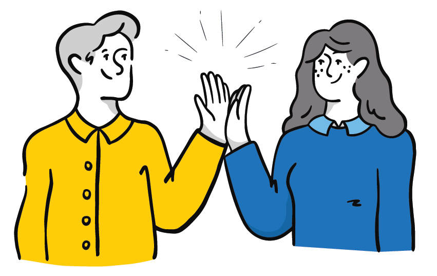 Illustration of a man in a yellow shirt and a woman in a blue shirt giving each other a high five, both smiling.