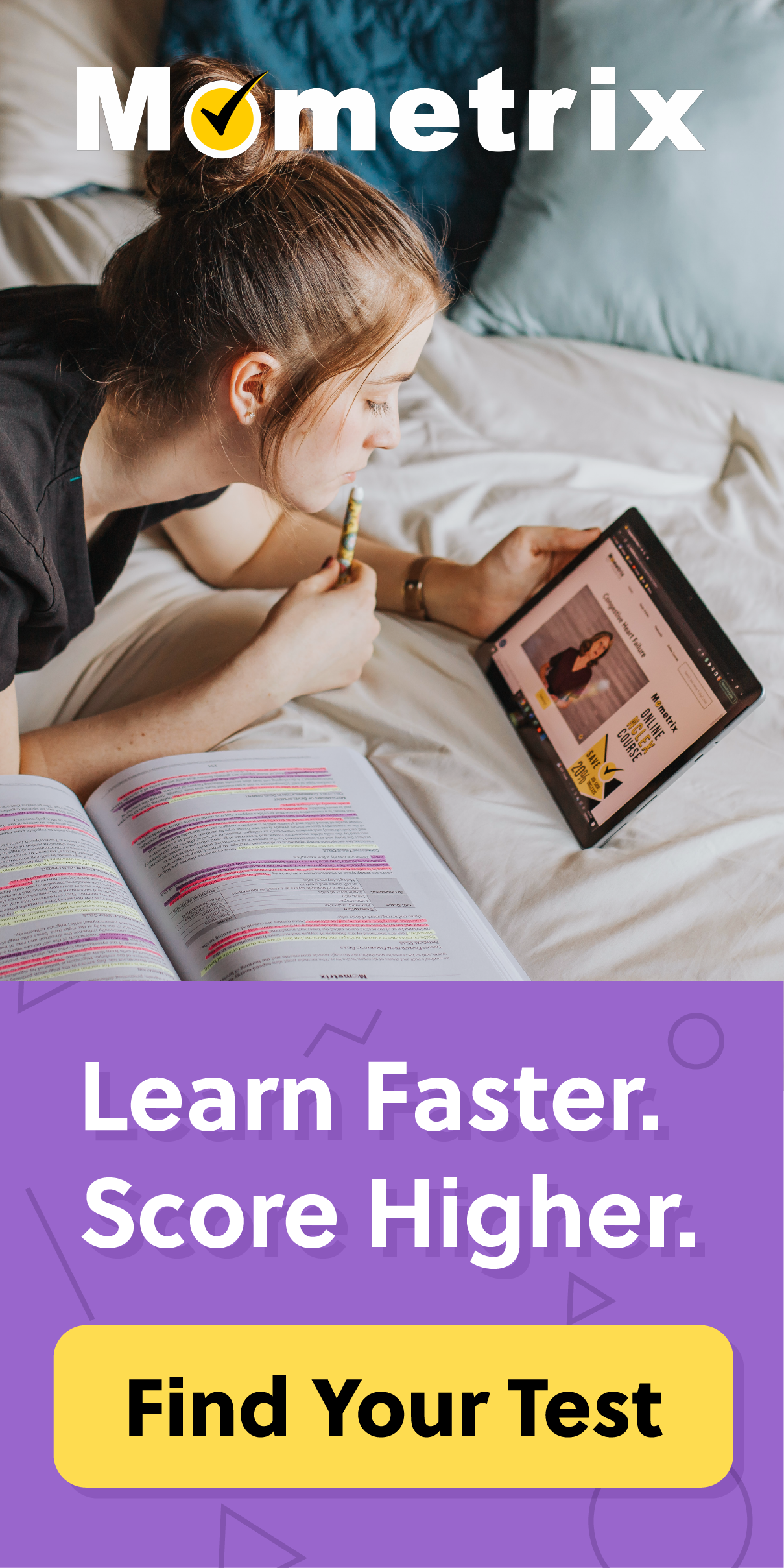 A person lies on a bed studying with a highlighted textbook and tablet. Text reads: "Mometrix. Learn Faster. Score Higher. Find Your Test.