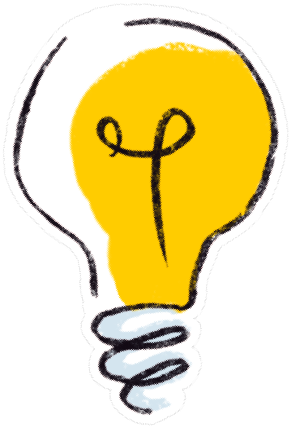 A hand-drawn illustration of a yellow light bulb with a black outline and a white screw base.
