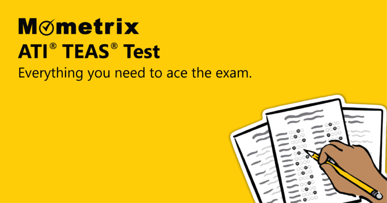 Yellow background with "Mometrix ATI TEAS Test" text and slogan, next to an illustration of a hand filling out a multiple-choice answer sheet.