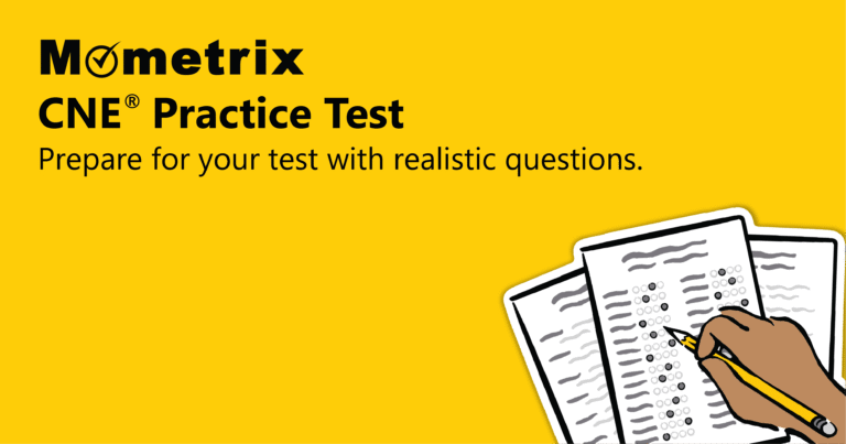 Yellow background with "Mometrix CNE Practice Test" text, a tagline about realistic questions, and a hand filling out a multiple-choice answer sheet in the bottom right corner.
