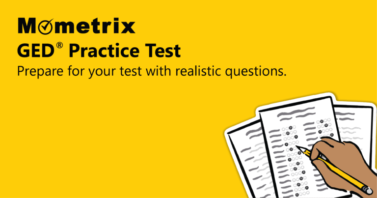 Yellow background with "Mometrix GED Practice Test" text, a hand filling out an answer sheet with a pencil, and additional test papers shown.
