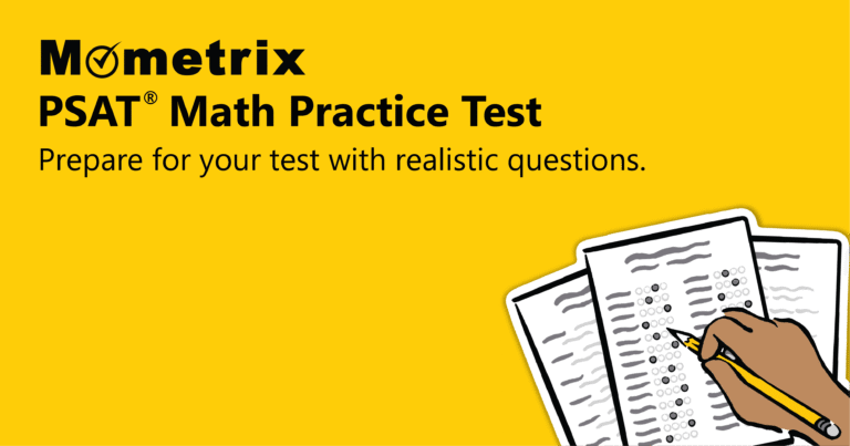 Yellow background with "Mometrix PSAT Math Practice Test" text, and an illustration of a hand filling in answer bubbles on multiple-choice test sheets.