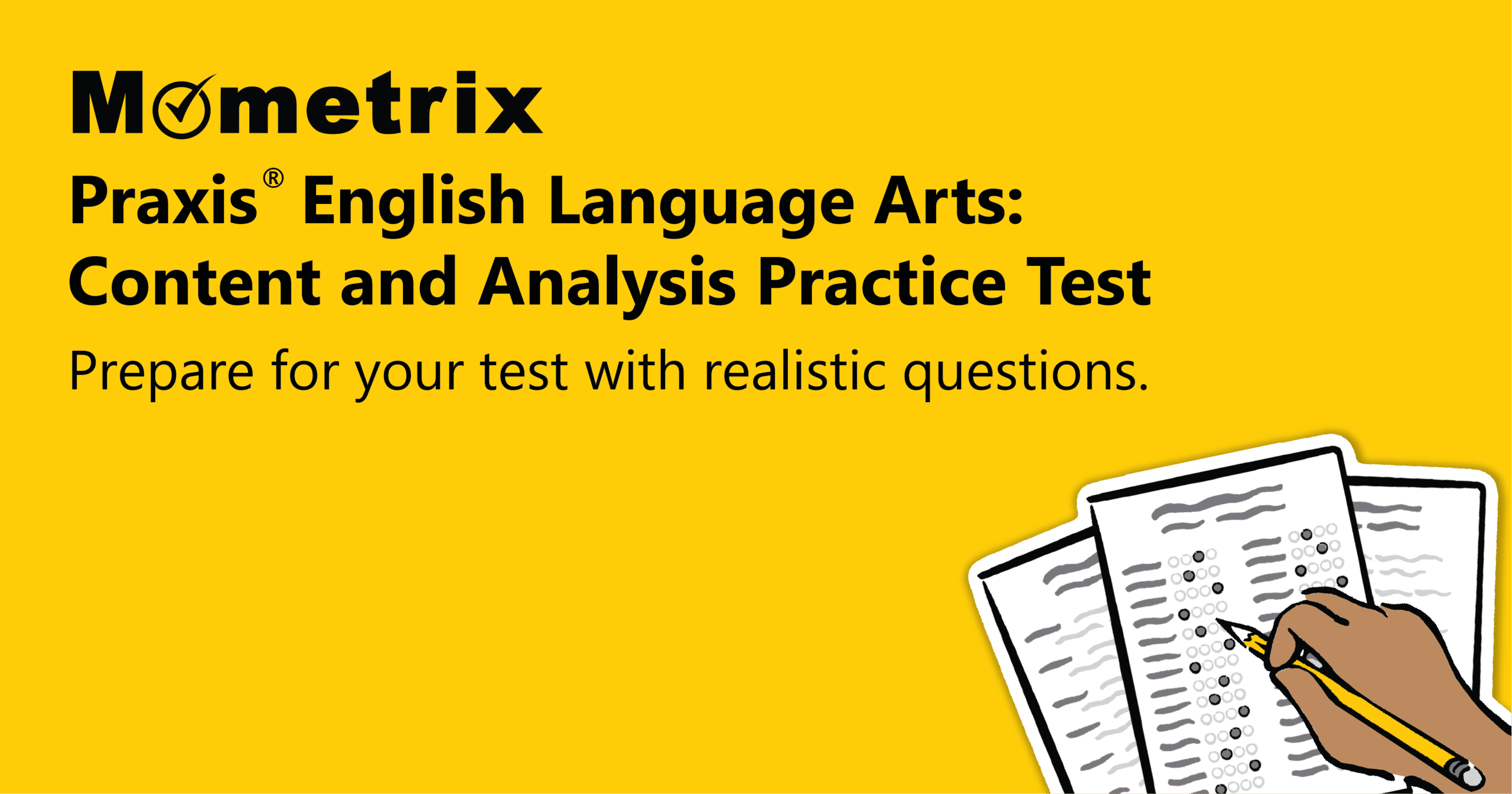 Yellow banner with "Mometrix Praxis English Language Arts: Content and Analysis Practice Test" text and illustration of stacked test papers with pencil in the lower right corner.