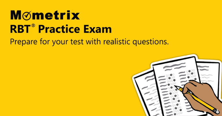 Yellow background with text "Mometrix RBT Practice Exam. Prepare for your test with realistic questions." An illustrated hand fills out a multiple-choice answer sheet.