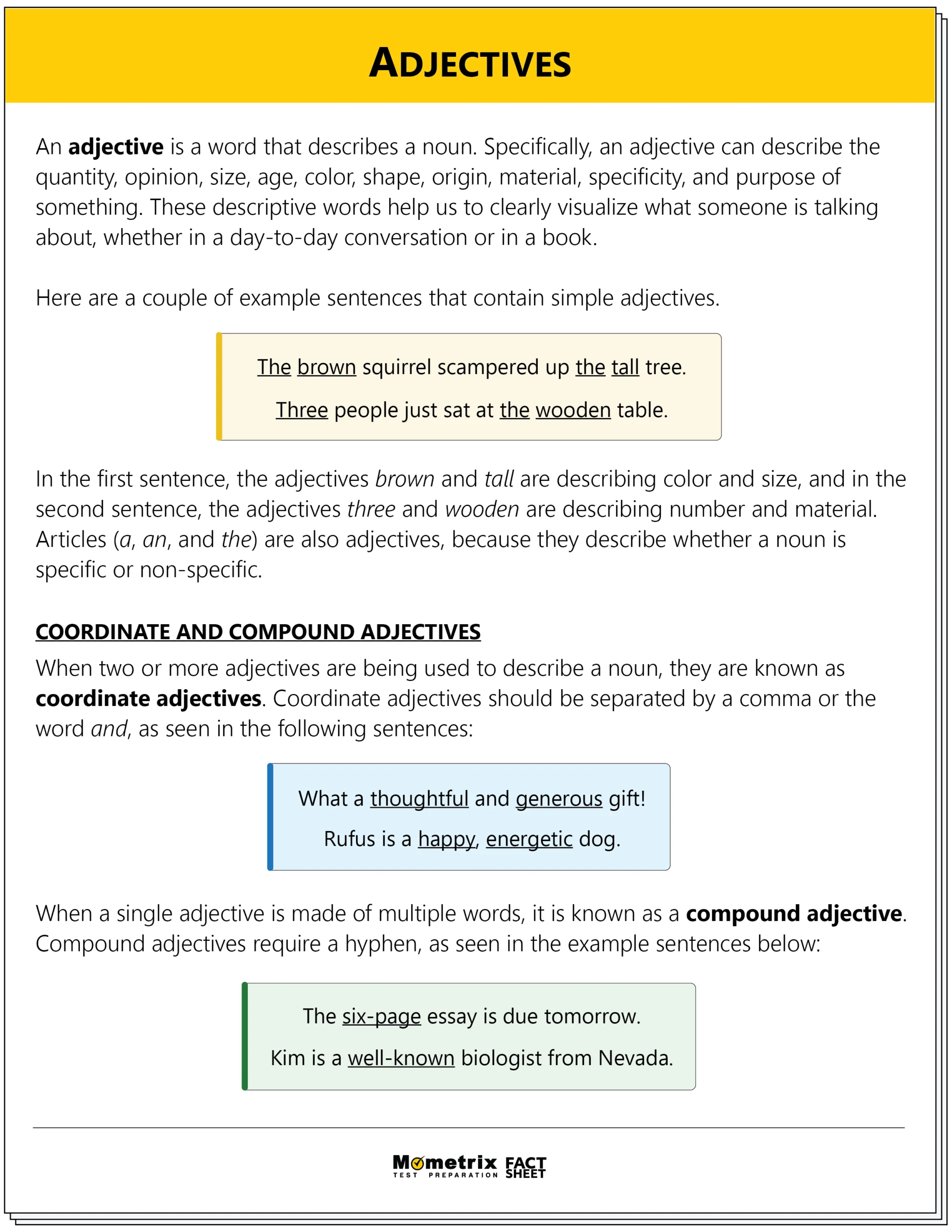 An educational poster explains adjectives, giving examples highlighting them in brown and green boxes, and describing coordinate and compound adjectives with sample sentences.