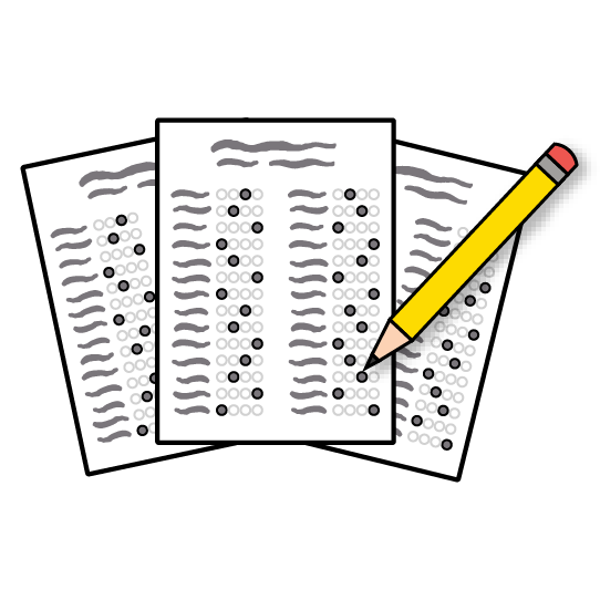 Illustration of three multiple-choice answer sheets and a yellow pencil on a black background.