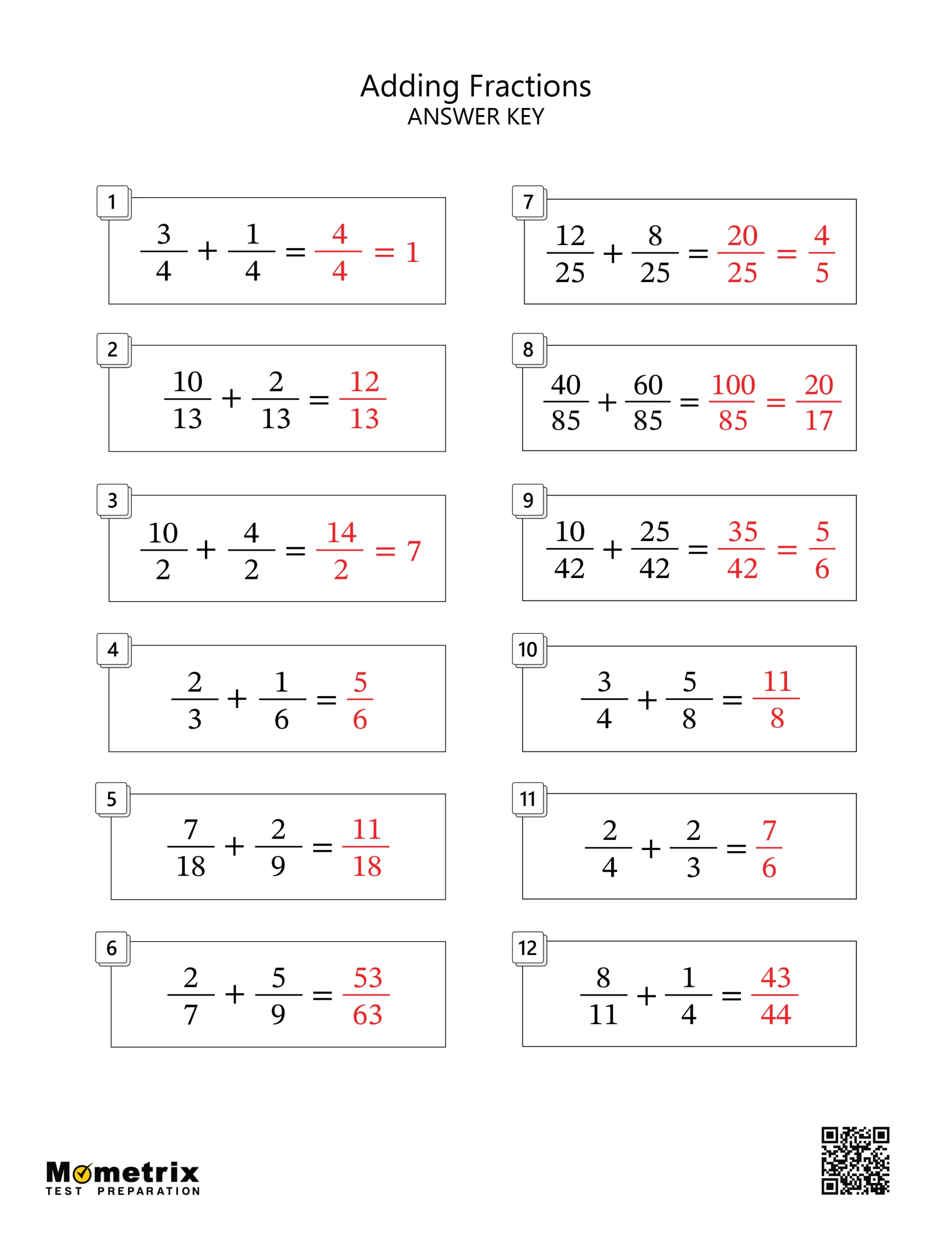 Adding Fractions (Answer Key) Worksheet Preview