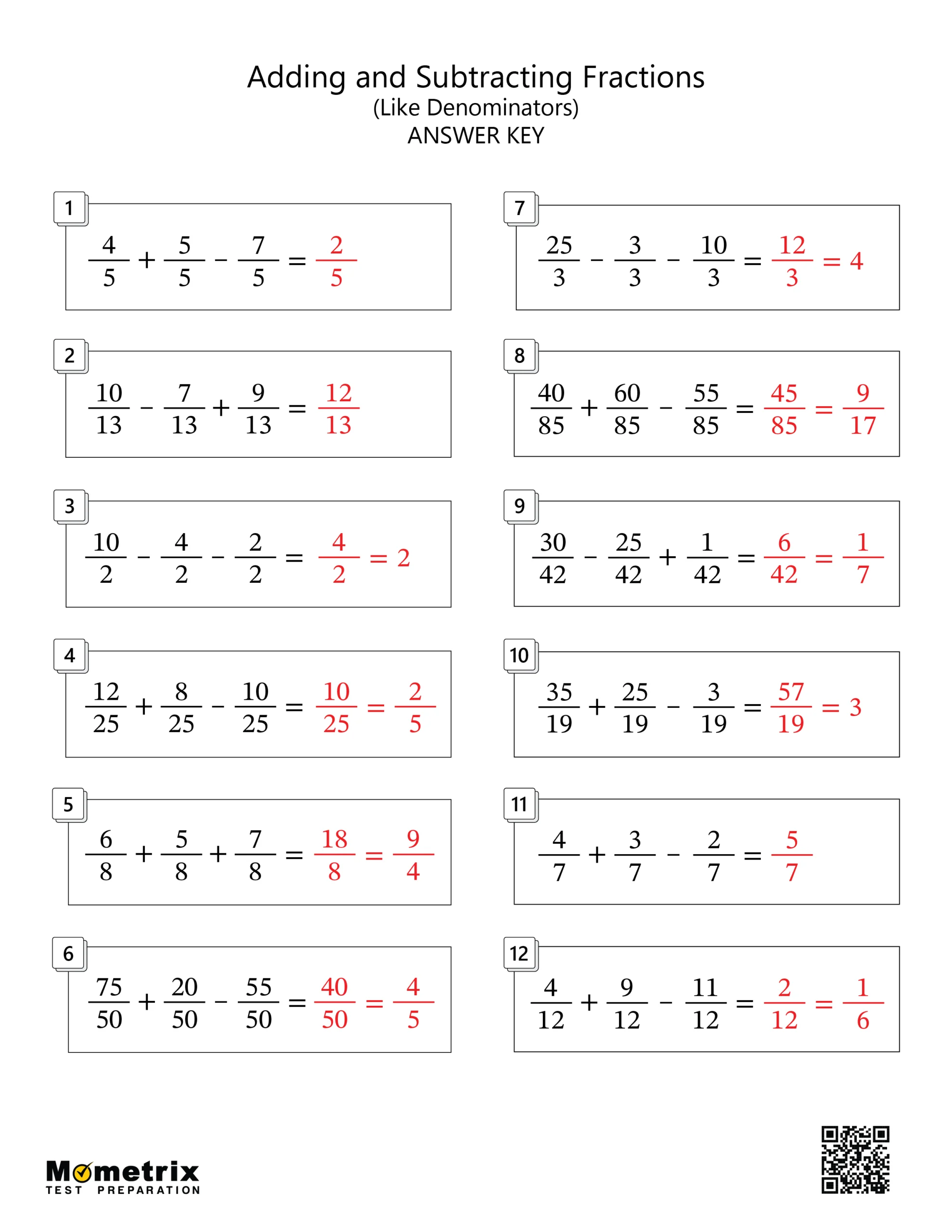 Adding and Subtracting Fractions (Answer Key) Worksheet Preview