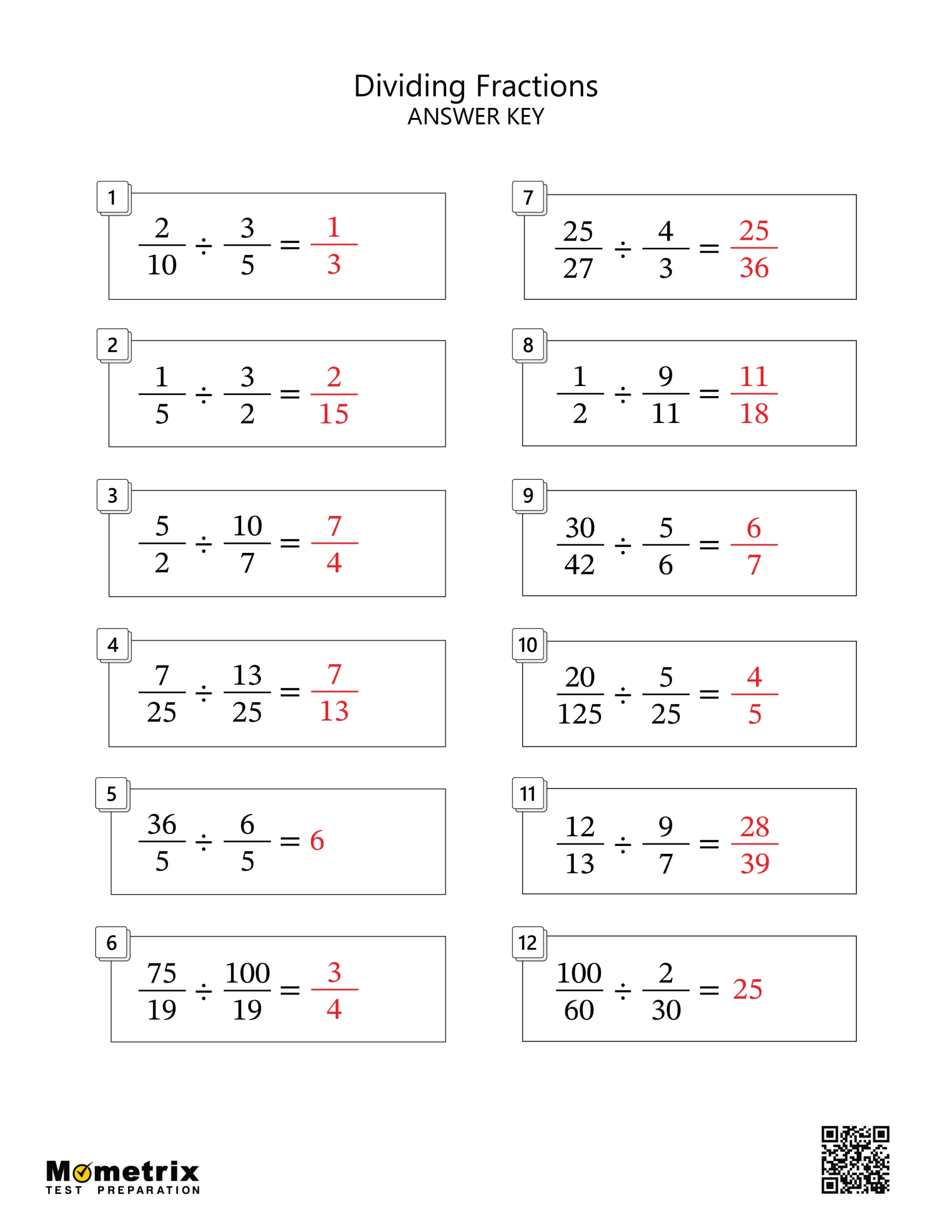 Dividing Fractions (Answer Key) Worksheet Preview