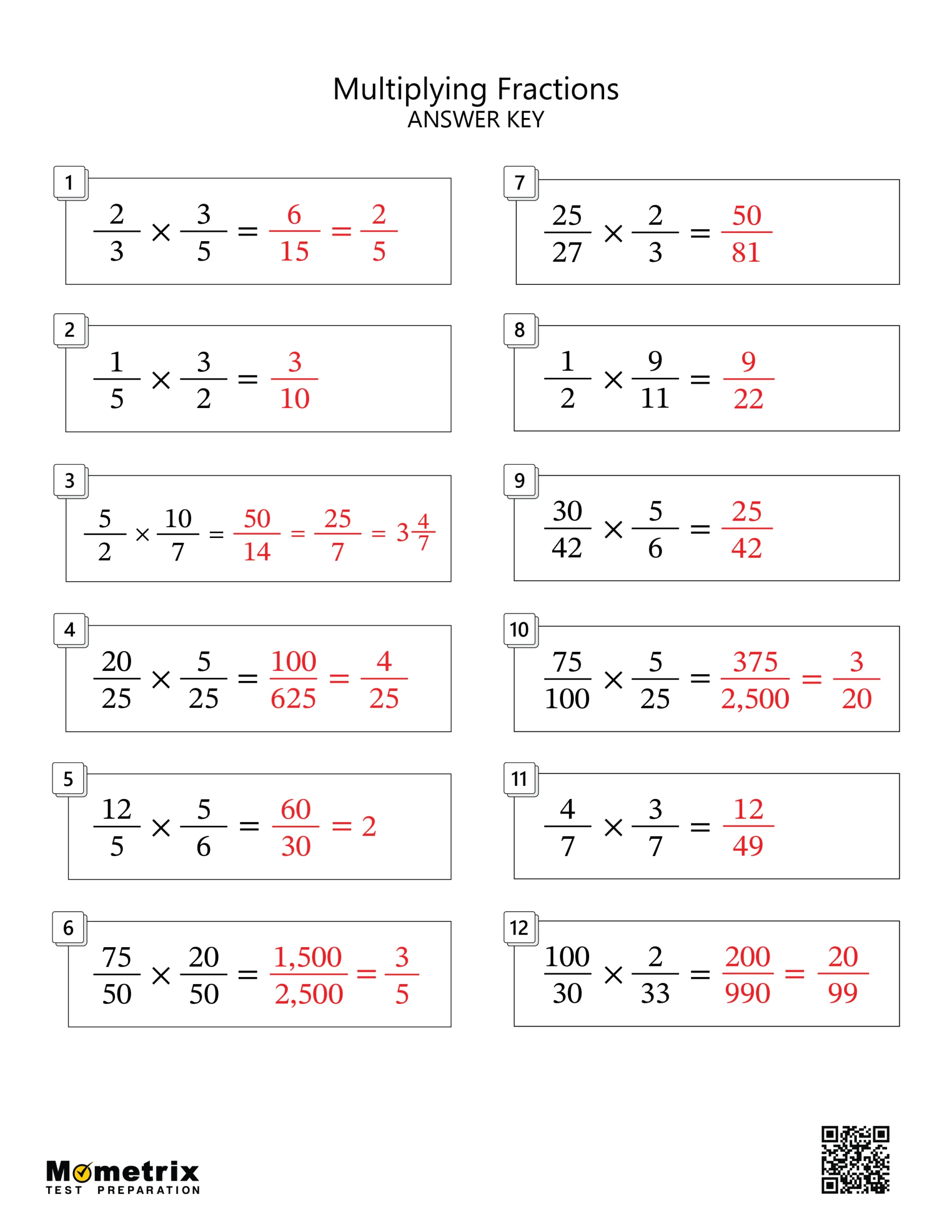 Multiplying Fractions (Answer Key) Worksheet Preview