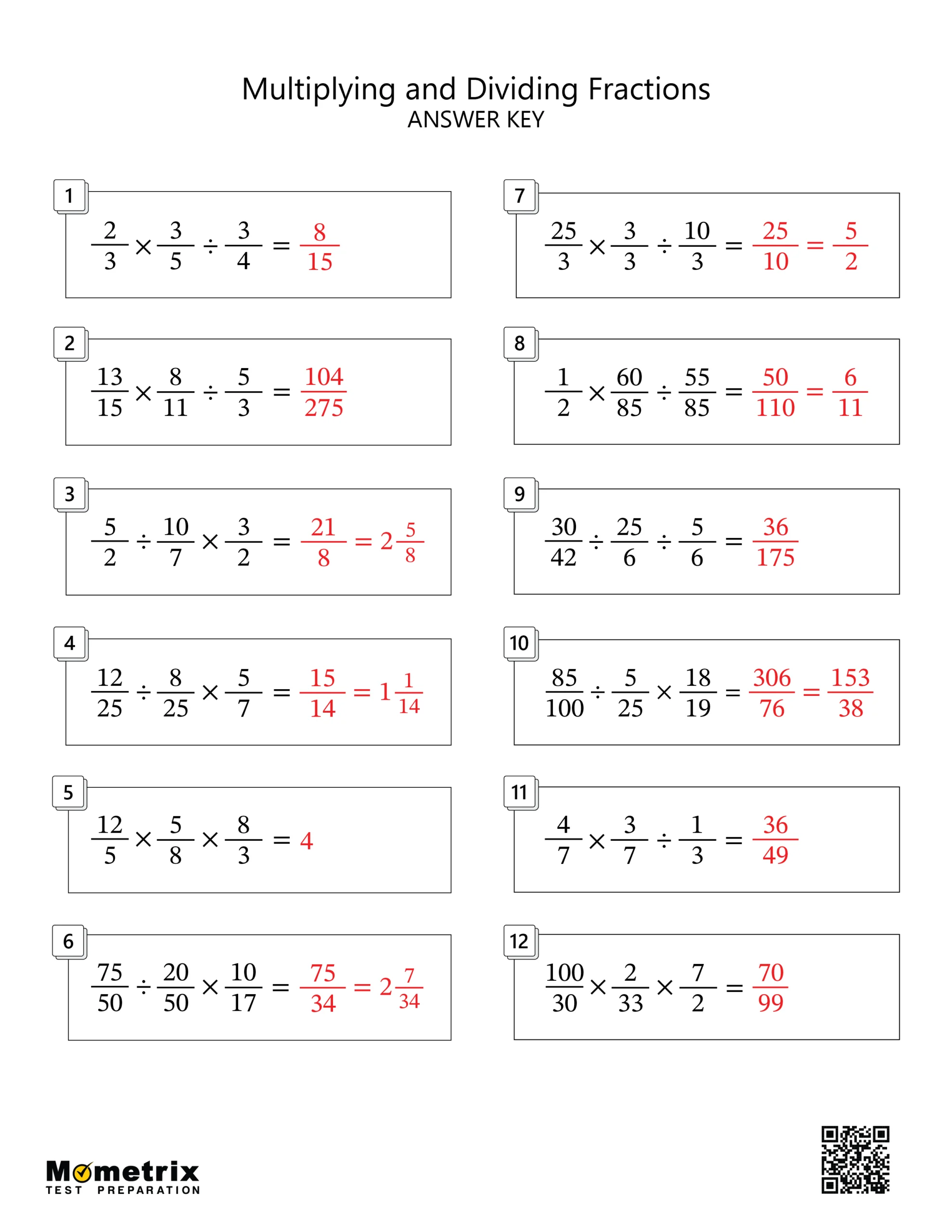 Multiplying and Dividing Fractions (Answer Key) Worksheet Preview