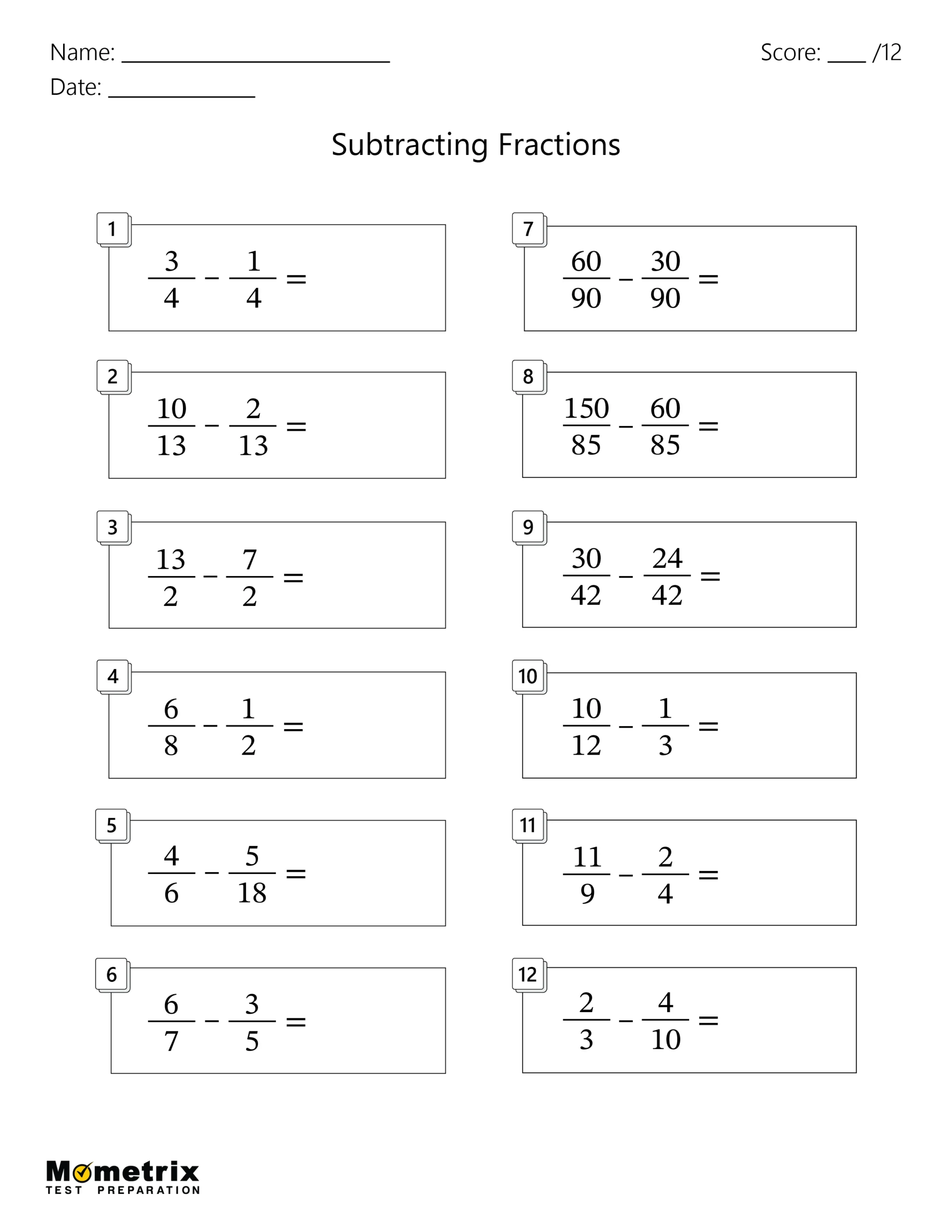 Subtracting Fractions Worksheet Worksheet Preview