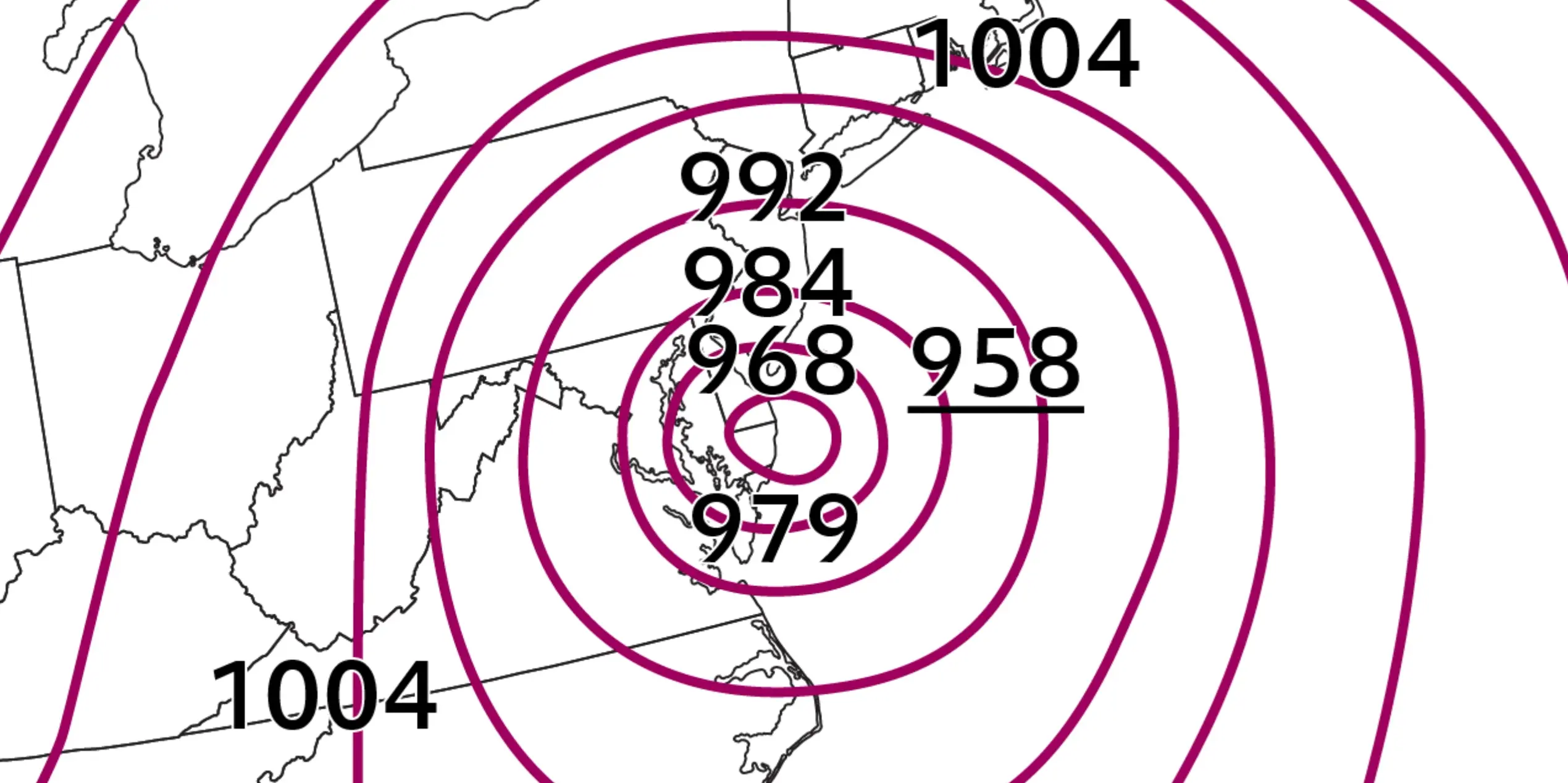 Weather map showing concentric pressure lines with central pressure readings as low as 958, indicating a low-pressure system over the U.S. East Coast region.