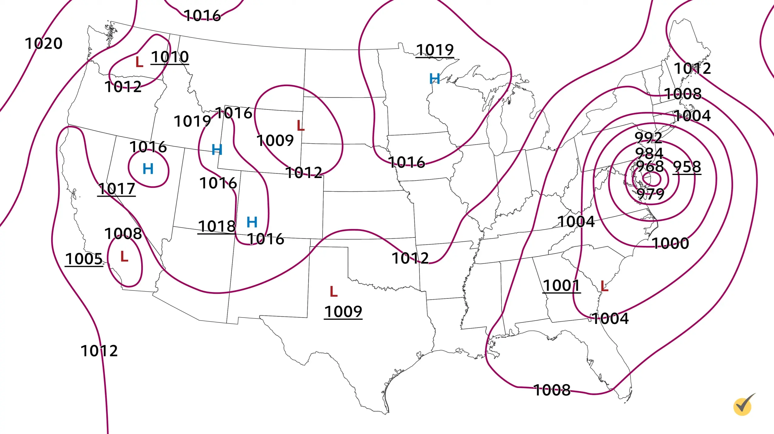 Weather map of the United States showing isobar lines, high and low pressure centers, with a strong low pressure system over the northeastern region.