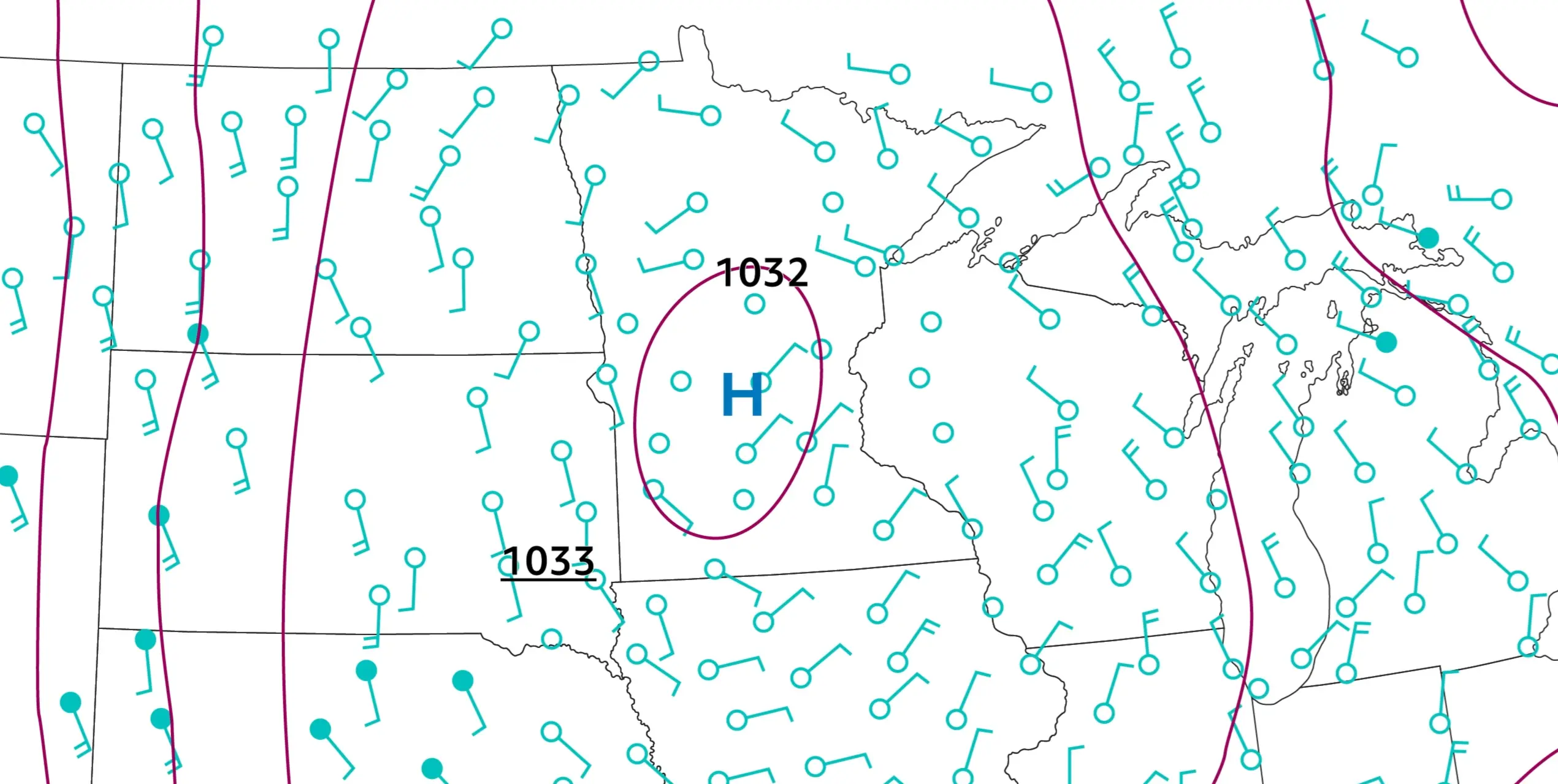 Surface weather map showing wind barbs, isobar lines, and a high-pressure center (1032 mb) over Wisconsin.