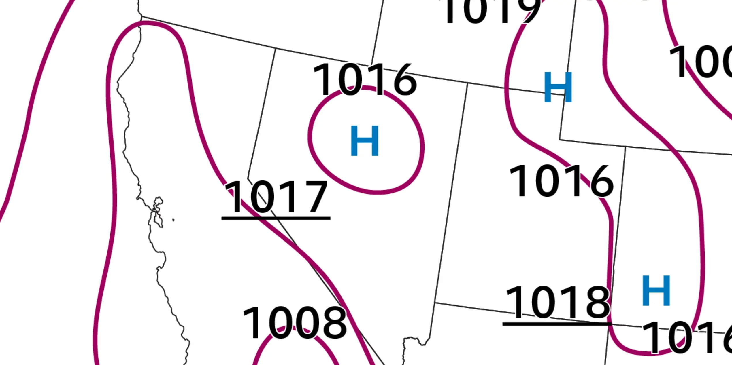 Section of a weather map showing isobars labeled 1016–1018 hPa, a blue 'H' indicating a high-pressure system, and magenta contour lines around landmasses.