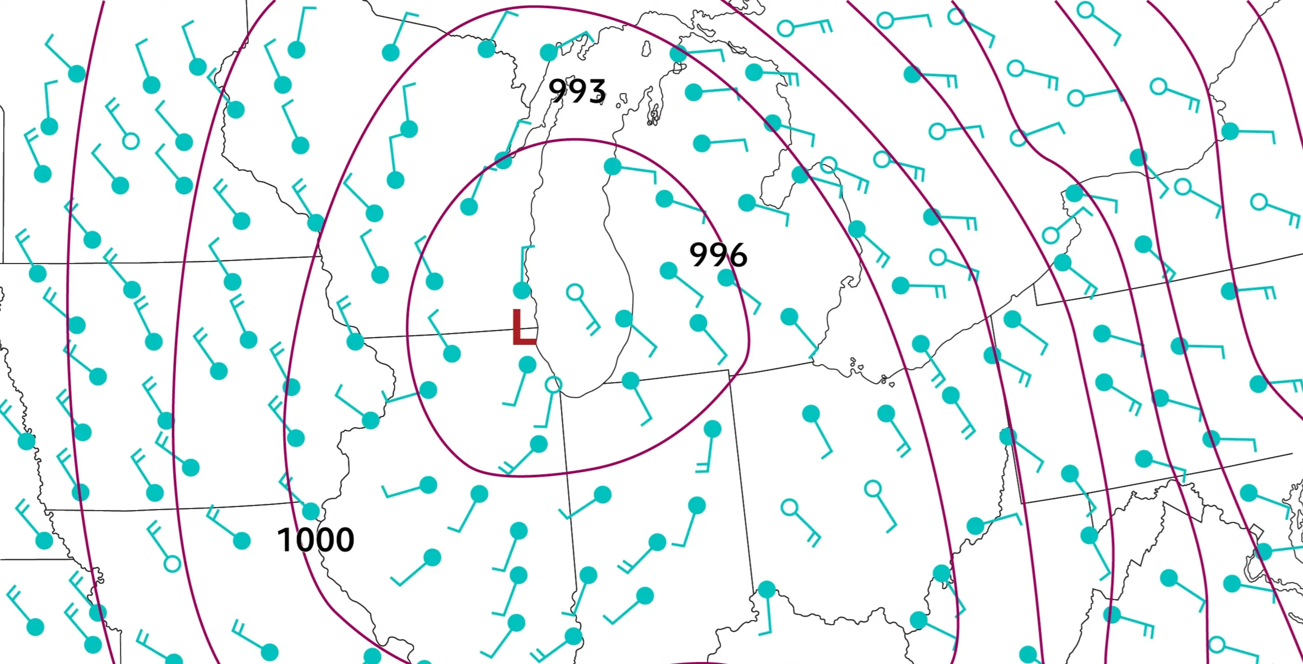Weather map showing isobar lines, pressure values (993, 996, 1000 mb), wind barbs, and a low-pressure center (L) over the Upper Midwest region of the United States.