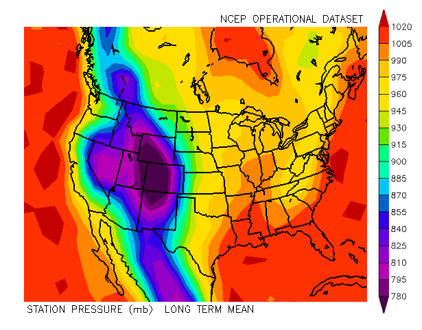 Map of the US showing long-term mean station pressure in millibars; lowest pressures in the western interior, highest on the coasts, indicated by a multicolored gradient.