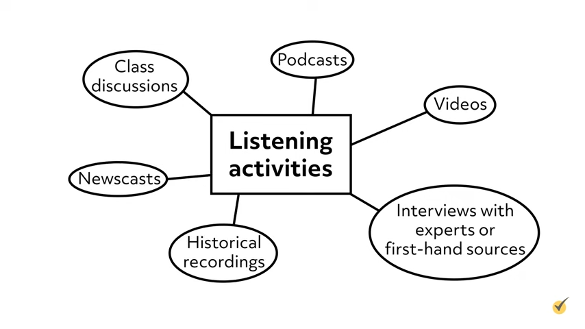 A diagram shows "Listening activities" in the center, with links to class discussions, podcasts, videos, interviews, historical recordings, and newscasts.
