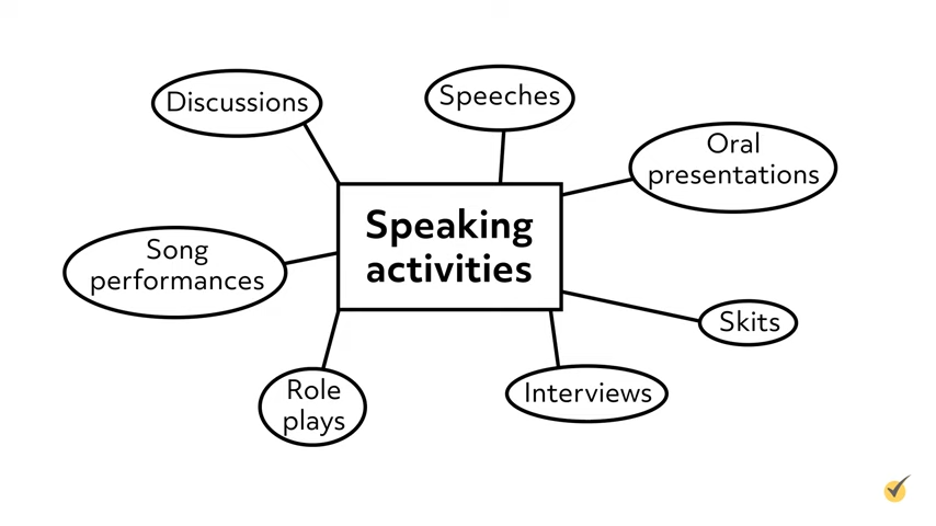 A diagram titled "Speaking activities" with branches to discussions, speeches, oral presentations, skits, interviews, role plays, and song performances.