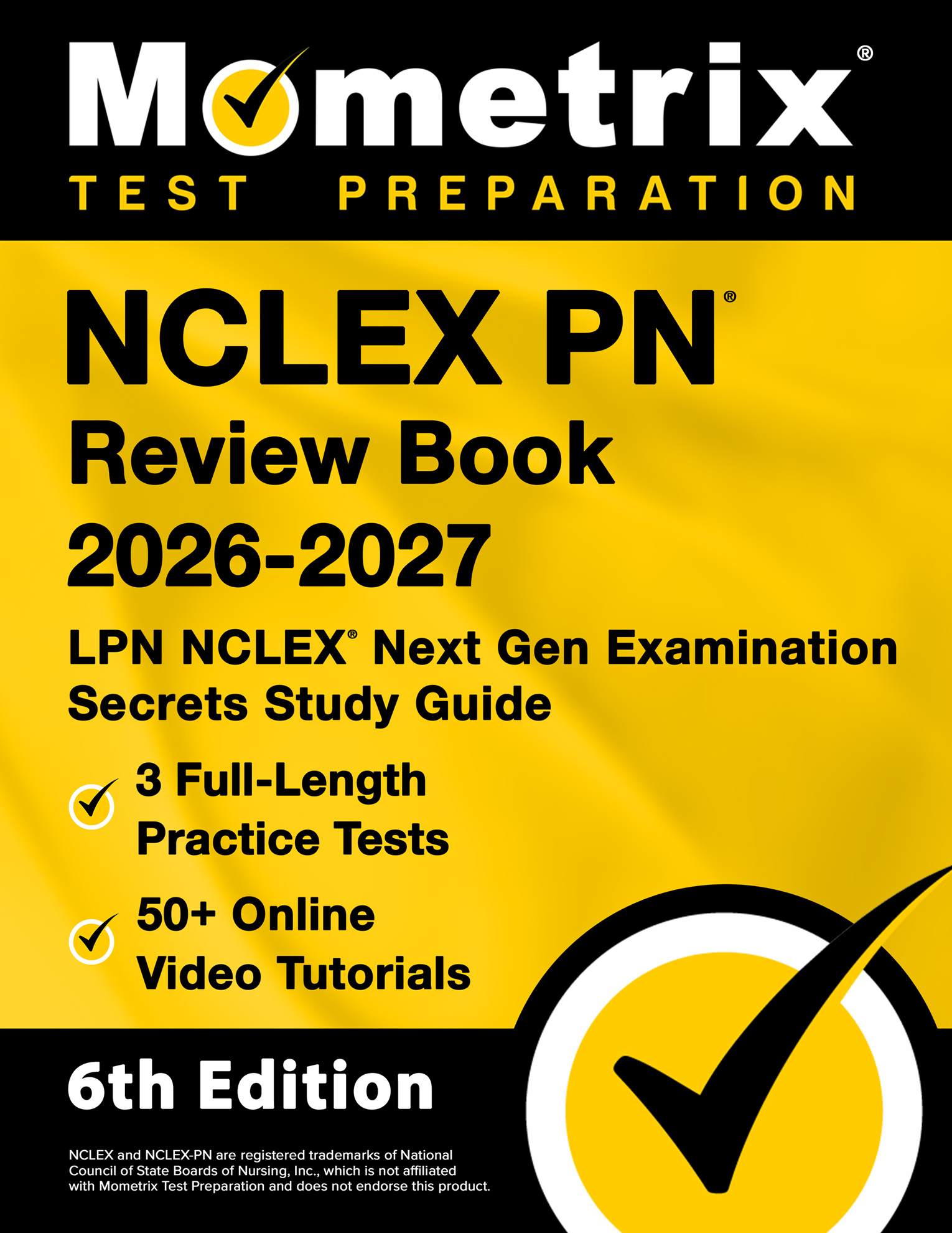 Cover of the Mometrix NCLEX PN Review Book 2026-2027, advertising practice tests, online tutorials, and labeled as the 6th edition.