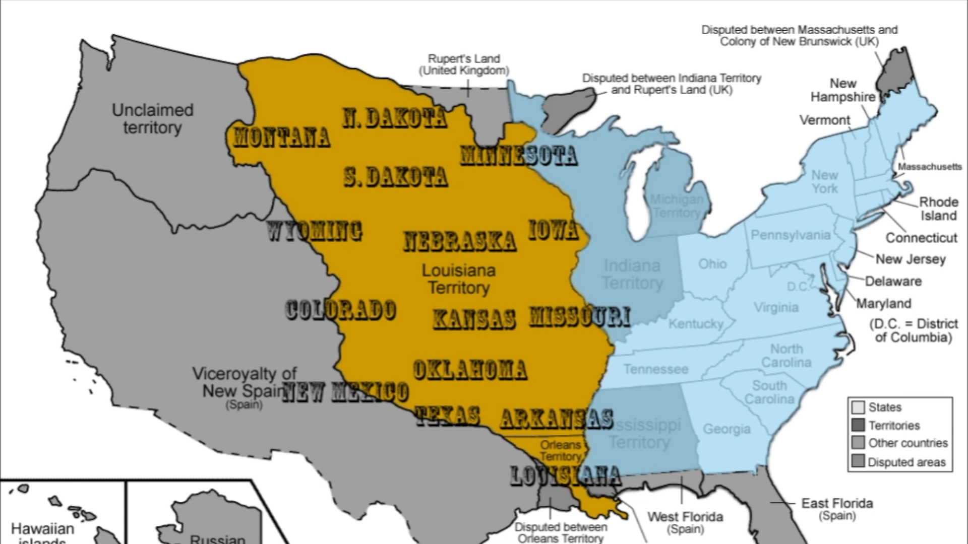 Map showing the Louisiana Purchase territory in brown overlaying part of the present-day United States, with current state boundaries outlined and labeled.