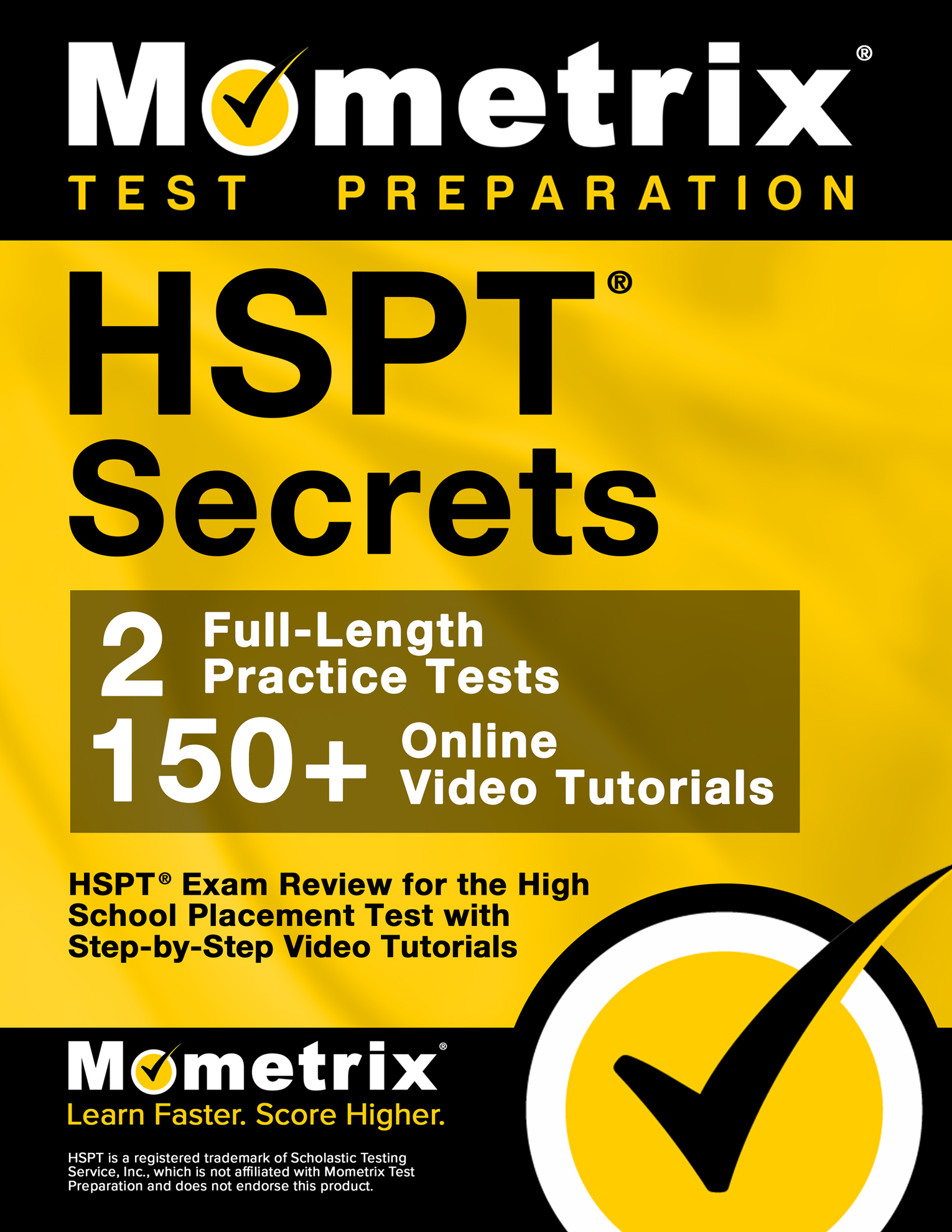 Cover of “HSPT Secrets” by Mometrix, featuring text about practice tests, video tutorials, and exam review for the High School Placement Test, with a large checkmark graphic.