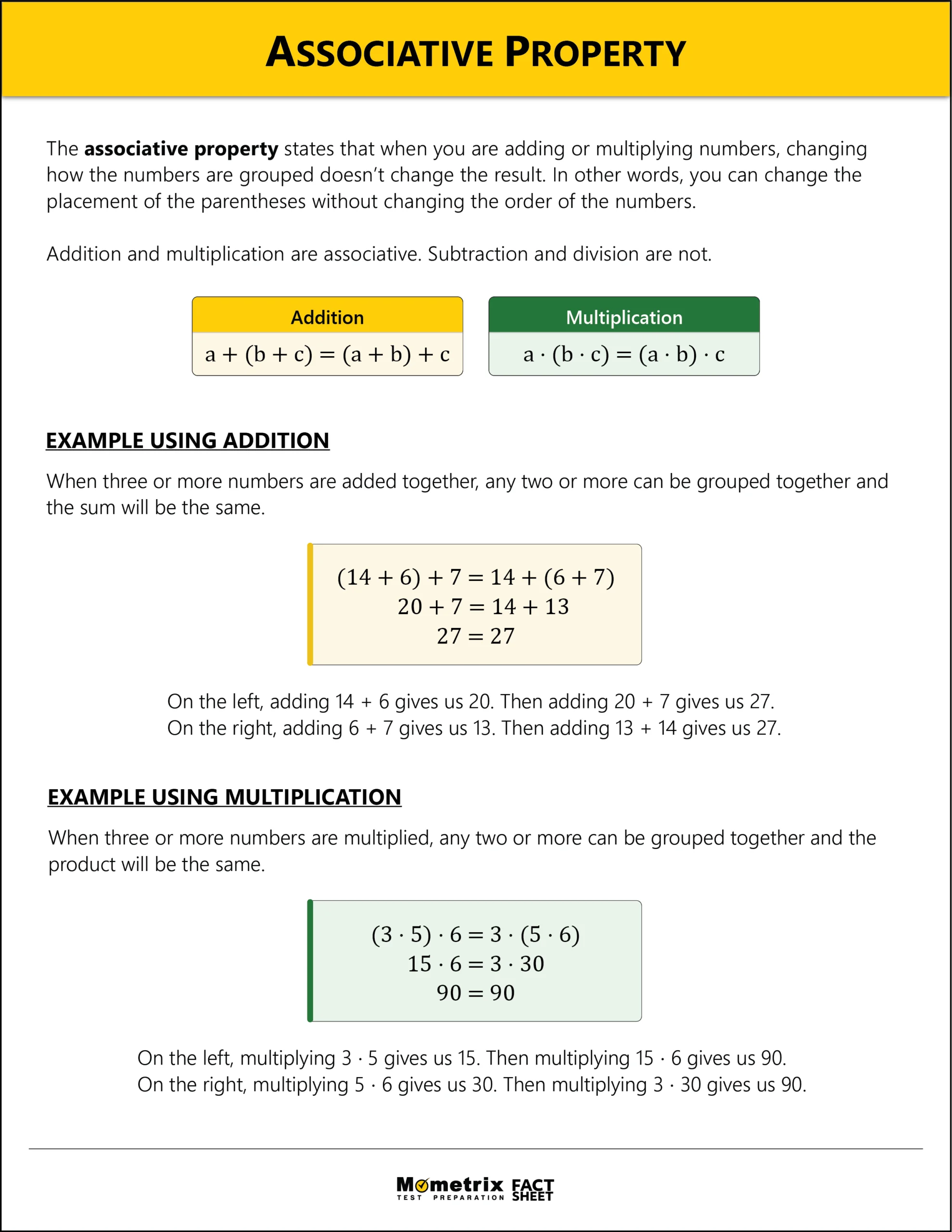 Educational infographic explaining the associative property using addition and multiplication examples with equations and highlighted boxes.